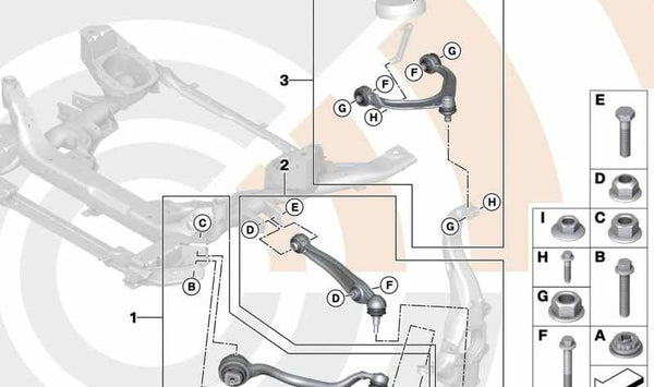 Kit de reparación brazo de suspensión delantero derecho OEM 31102475207 para BMW F15, F16. Original BMW.