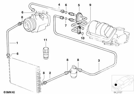 Tuyau d'aspiration d'évaporateur-compresseur OEM 64538391328 pour BMW Série 3 E36, 318is, BE51, CA51, M42... et plus encore. Véritable BMW.