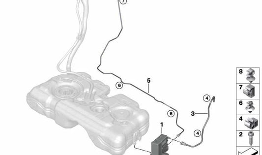 Tubo de ventilación del depósito OEM 16117325147 para BMW F45, F45N, F46, F46N, F49. Original BMW.