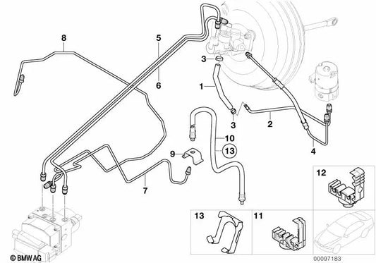 Suporte da linha de freio para BMW E53, E85, E86, E89 Mini R55, R55N, R56, R56N, R57, R57N, R58, R59 (OEM 34301165923). BMW original.