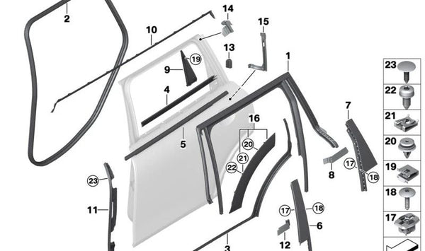 Paramento columna B puerta trasera izquierda OEM 51357344193 para MINI Clubman F54, F54 LCI. Original MINI.