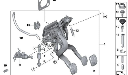 Soporte interno muelle pedal embrague OEM 35006879482 para BMW F20, F21, F22, F23, F30, F31, F34, G20, G21, F32, F33, F36, G82, G30, G31, G01, G29 y MINI R55, R56, R57, R58, R59, R60, R61. Original BMW y MINI.