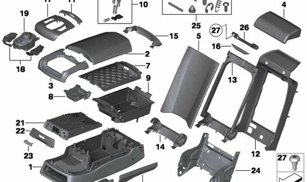 Tapa reposabrazos trasero central OEM 52207228672 para BMW F01, F02, F04. Original BMW.