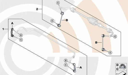 Kit de reparación soportes estabilizadora OEM 33322450703 para BMW Serie 5 F10 (518d, 520d) modelos de 2013 a 2016. Compatible con cambio manual y automático. Original BMW.