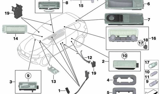 Luz de lectura interior trasera izquierda OEM 63319215621 para BMW F11, F10, F25, F26. Original BMW.