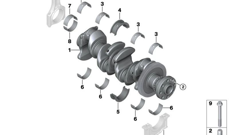Cigüeñal sin cojinetes OEM 11218593868 para BMW F20, F21, F22, F23, F45, F46, F30, F31, F34, F32, F33, F36, F10, F11, G30, G31, G11, G12, F48, F25, G01, F26, G02, F15 y MINI F54, F55, F56, F57, F60. Original BMW y MINI.
