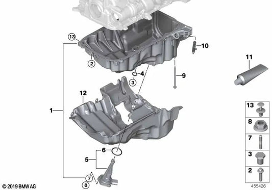 BMW F20N Oil Coter, F21N Series 1, F22, F23 Série 2, F30N, F31N, F34N, F35N Série 3, F32, F33, F36 Série 4 (OEM 11138611694). BMW original