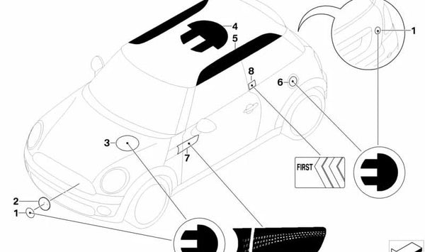 Etiqueta adhesiva derecha ECO OEM 51147271682 para MINI R56 One, One Eco 55kW… y más. Original MINI.