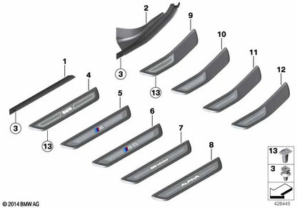 Cubierta de entrada iluminada trasera izquierda para BMW Serie 6 F06, F06N (OEM 51477277249). Original BMW