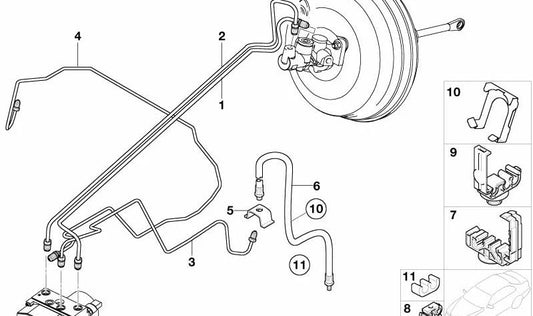 Tubo de freno OEM 34326762216 para BMW E53 (X5). Conexiones M10/M12, longitud 2365 mm. Original BMW.