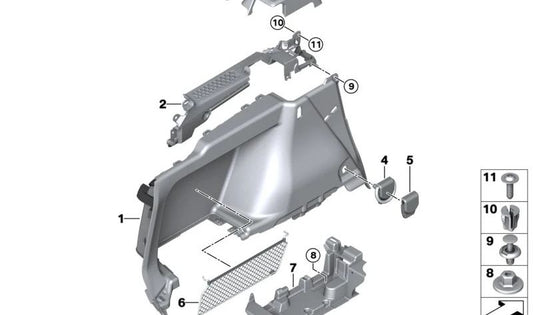 LEFT STORAGE NETWORK OEM 51475A67855 for BMW 3 G20 Series (320E, 330E) PHEV, models from 07/2020 to 06/2024. Original BMW.