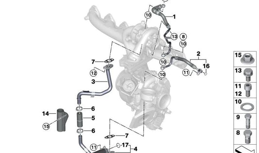 Ölturbokompressive Ölrücklaufrohr für BMW 3 G20 -Serie, G21, 4 G22 -Serie, G23, G30n -Serie, 6 G32N -Serie, 7 G11N -Serie, X3 G01, X4 G02, X5 G05, X6 G06 (OEM 11428596248). Original BMW