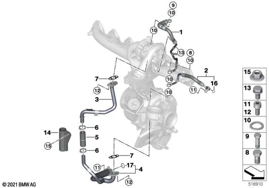 BMW Turboladeröl Return Tube 3 G20 -Serie, G21, 4 G22, G23, G26, 5 G30N -Serie, G31N, 6 G32N -Serie, 7 G11N -Serie, G12N, G70, Serie 8 G14, G15, G16, X3 G01, X4 G02, G02, X5 G05, X6 G06, X7 G07 (OEM 11427824704). Original BMW.