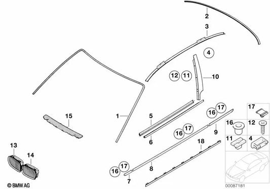 Moldagem à direita do telhado para BMW 3 E46 Series (OEM 51137026482). BMW original.