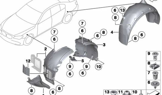 Cubierta paso de rueda delantera izquierda OEM 51717302377 para BMW F01, F01N, F02, F02N. Repuesto original BMW.