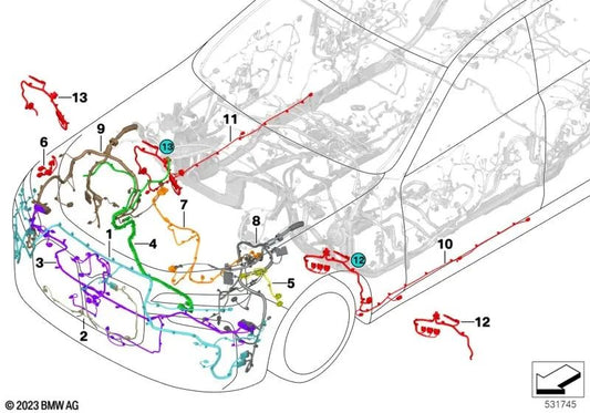 Set di cavi di riserva anteriore destra per BMW G70 (OEM 61125A7C9E4). BMW originale
