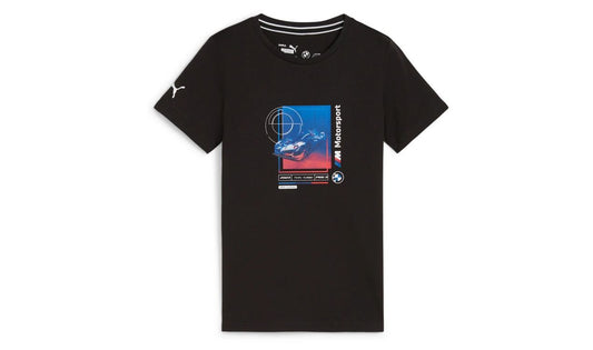 Camiseta gráfica negra BMW M Motorsport para niño OEM 80145B31942. Para todos los niños fans de BMW, diseño con logo Heritage y colores M. Original BMW.