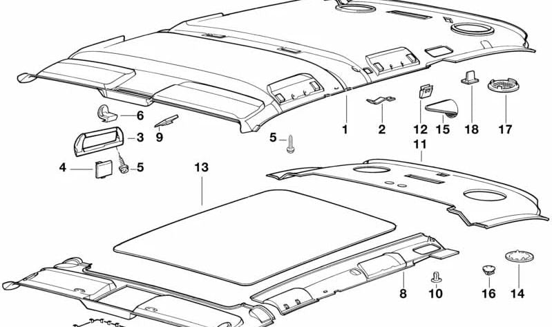 Separador OEM 51168120958 para BMW E34 {518g, 518i, 520i, 525i}. Compatible con motores M40, M43, M50. Parte de la fijación del techo interior. Original BMW.