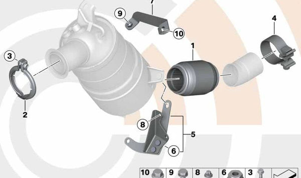 Soporte de escape OEM 18207801065 para BMW E81, E82, E87, E88, E90, E91, E92, E93, E60, E61, E84. Original BMW.