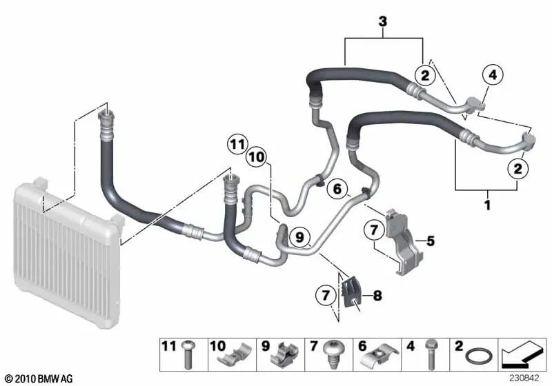 Oil cooler pipe advance for BMW 5 series F07, F10, F11 (OEM 17227594949). Original BMW.