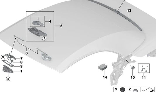Placa base izquierda OEM 54347496257 para BMW G23, G23N, G83, G83N. Pieza original BMW para mecanismos del techo convertible.
