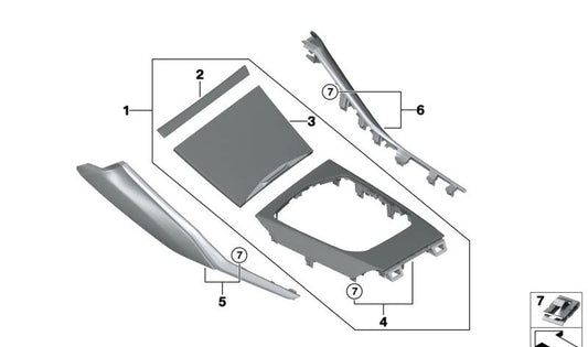 Embellecedor consola central acabado aluminio efecto malla OEM 51165A0F068 para BMW G20, G20N, G21, G21N, G22, G23, G26, G26E, G42. Pieza original BMW.
