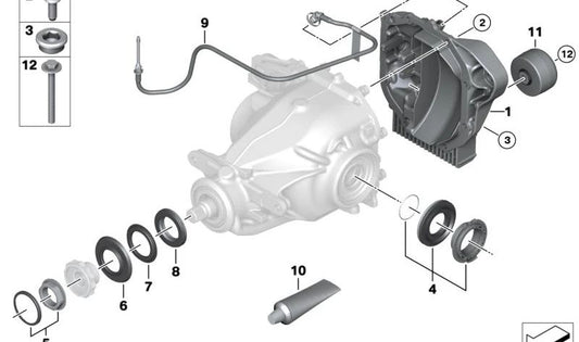Tapa trasera del diferencial OEM 33118677750 para BMW X5 G05 {M50i, 40d, M60i xDrive, xDrive30d, xDrive40i}. Compatible con modelos desde 2019 hasta 2026. Pieza original BMW.