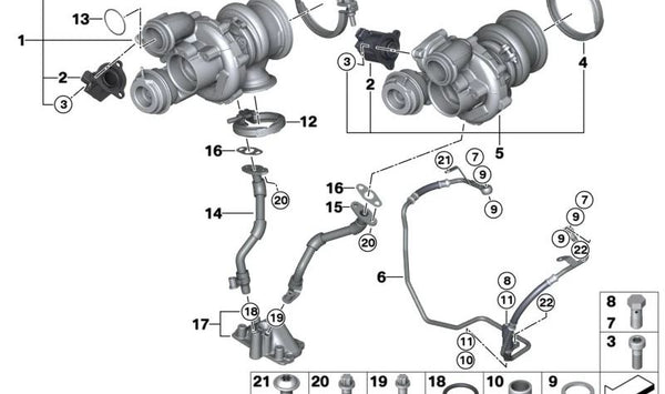 Turbocompresor OEM 11652470353 para BMW F07, F10, F11, F12, F13, F01, F02, F04, E70N, E71, E72. Turbo original BMW remanufacturado (RP REMAN). Compatible con múltiples motores BMW.