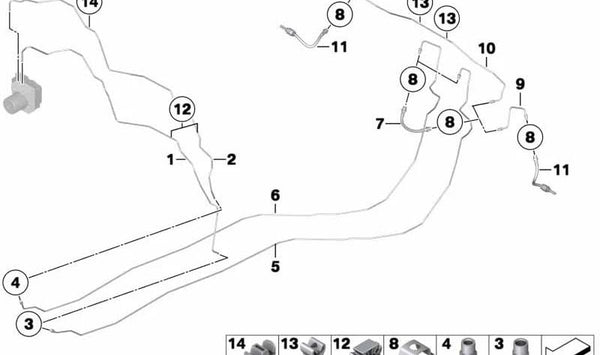 Tubo de freno trasero OEM 34326853555 para BMW E84. Pieza original BMW.