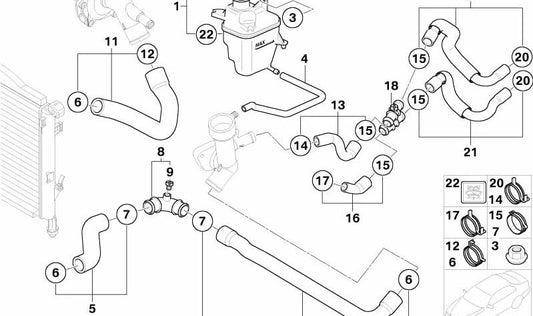 Manguera de refrigerante OEM 17127559476 para MINI R50, R52, R53 (2000–2008). Pieza original MINI.