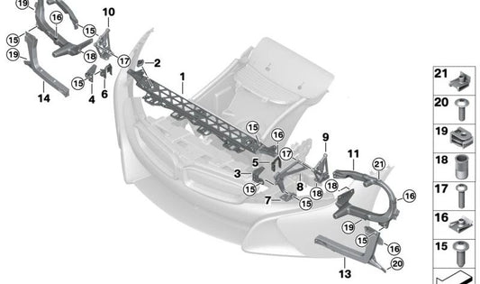 Soporte lateral derecho OEM 51647336236 para BMW i12 (i8 Coupé) y BMW i15 (i8 Roadster). Compatible con todos los modelos: i12 i82Z21, i82Z22, i82Z41, i82Z42 y i15 i82Z61, i82Z62. Original BMW.