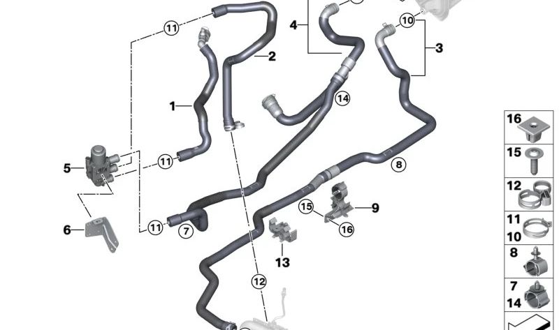 Manguera de refrigerante OEM 64216993455 para BMW G01 (X3) y G02 (X4) en motorizaciones M40i y M40d. Compatible con modelos desde 2019 hasta 2024. Recambio original BMW.
