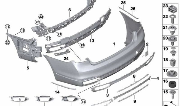 Paragolpes trasero imprimado OEM 51127427622 para BMW G11 y G12. Compatible con sensores PDC/PMA. Original BMW.