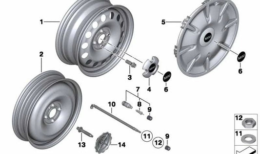 Cubierta de cubo de rueda 15" OEM 36136862440 para MINI R56, R55, R57, R58, R59, incluyendo Clubman, Cabrio, Coupé y Roadster… y más. Original MINI.