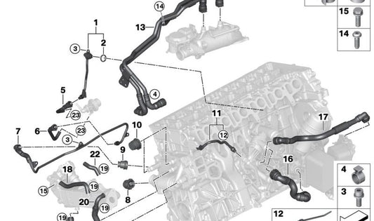 Manguera culata motor OEM 17128572909 para BMW Serie 7 G11 y G12 (730d, 730d xDrive, 740d xDrive, 730Ld) modelos de 2015 a 2019. Original BMW.