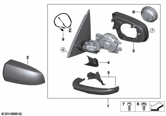 Heated right exterior mirror for BMW X5 E70, E70N (OEM 51167282738). Original BMW