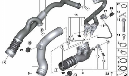 Tubo de recirculación válvula descarga OEM 13717594721 para BMW F01, F02, E71 (740i, 740Li, X6 xDrive35i con motor N54). Original BMW.