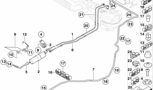 Front fuel pipe OEM 16127191148 for BMW E82, E87, E87N, E88, E90, E90N, E84. Original BMW.