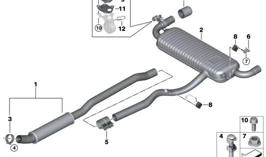 Soporte de escape OEM 18308673214 para MINI F54, F60 y BMW F40, F44, F39. Compatible con modelos como M135i xDrive, M235i xDrive, X2 M35i, 128ti. Original MINI y BMW.