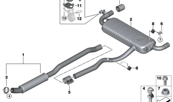Silenciador delantero OEM 18308627217 para BMW F45, F48, F39 y MINI F54, F60. Repuesto original BMW y MINI.