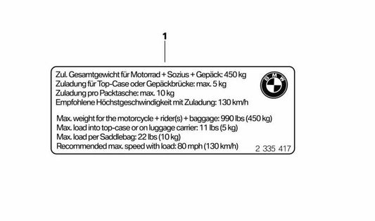 Etiqueta indicadora de carga útil OEM 71249457903 para motocicletas BMW S 1000 XR (K69). Originais BMW Motorrad.
