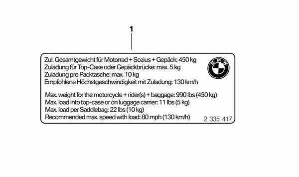 Rótulo indicador de carga útil OEM 71248354943 para motos BMW F 900 XR (K84) y F 900 XR A2. Original BMW Motorrad.