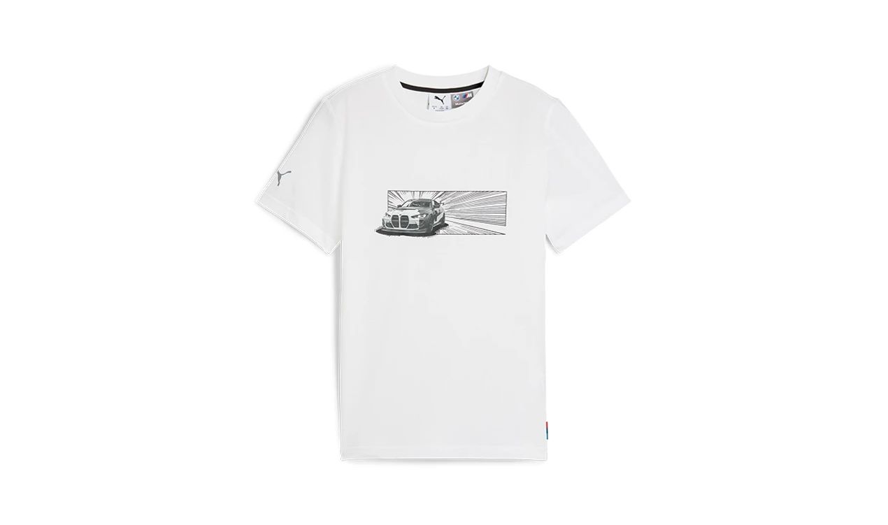 Camiseta BMW MMS Auto Graphic para criança tamanho 140 branca OEM 80145B5D0D6. Válido para BMW. BMW genuíno.