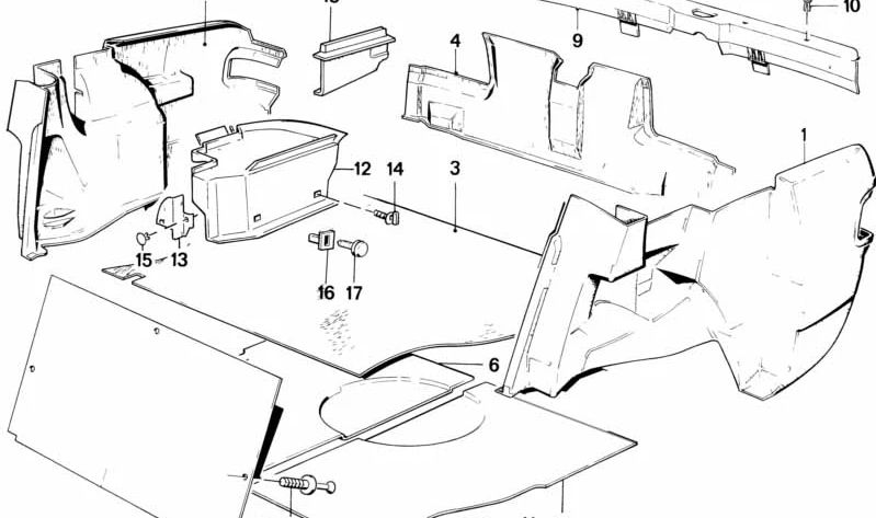 Revestimiento interior paso de rueda maletero derecho OEM 51471933448 para BMW E30. Pieza original BMW.
