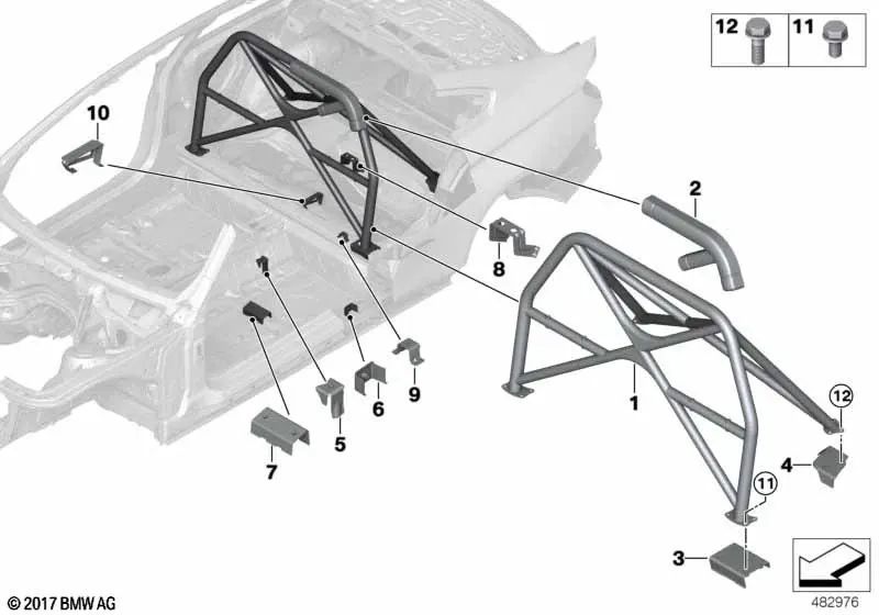 Primed left outer lap belt support for BMW F82 (OEM 41008072161). Original BMW