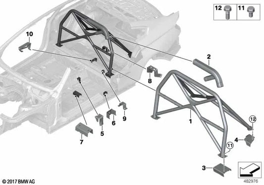 Primed left outer lap belt support for BMW F82 (OEM 41008072161). Original BMW