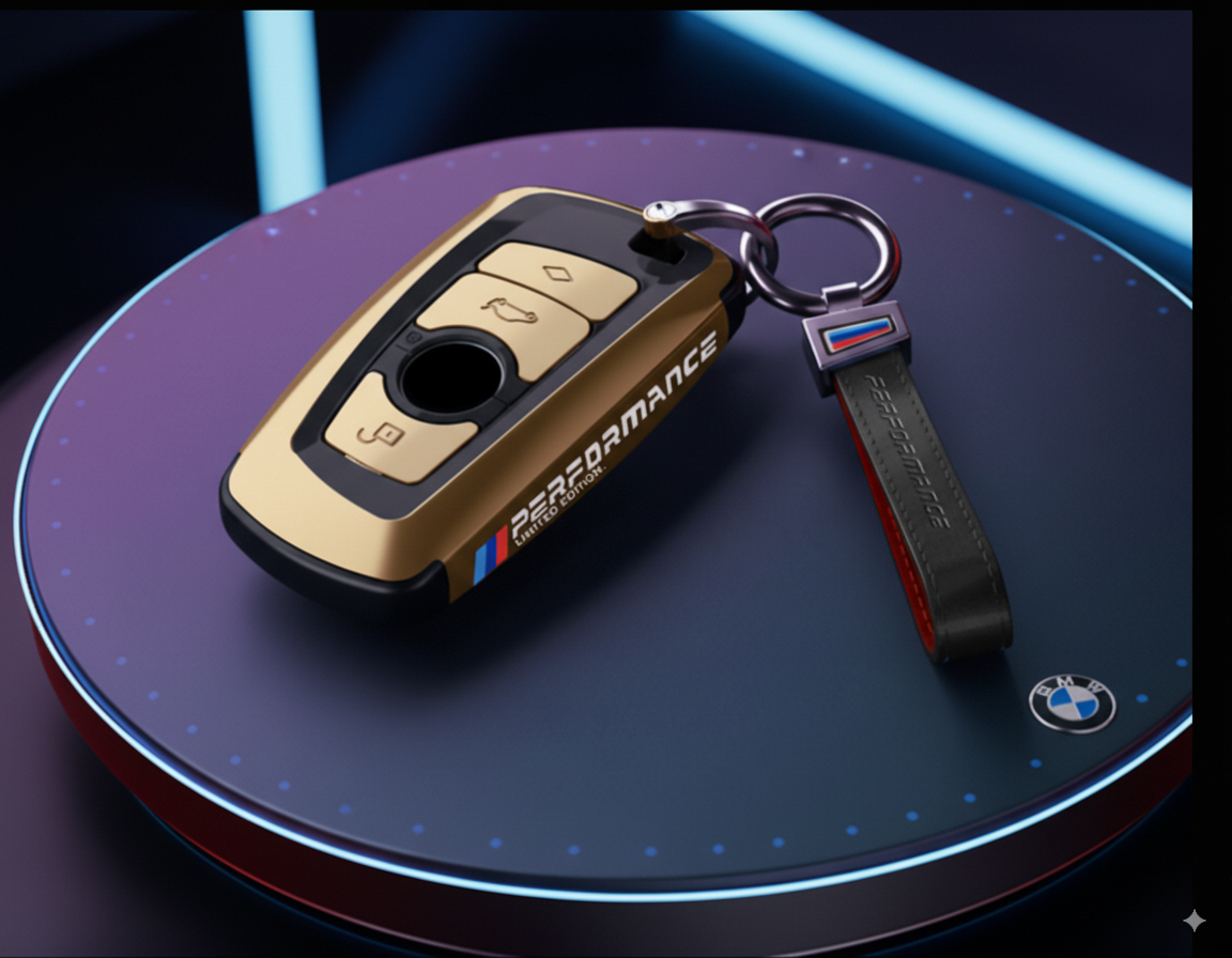 Funda de llave edición limitada ///Performance con llavero de piel para tu BMW.