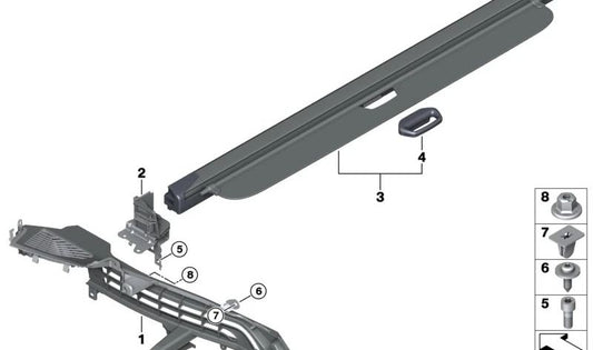 Soporte izquierdo para cortinilla maletero OEM 51476994233 para BMW X5 G05, G05N, G18, G18N. Original BMW.