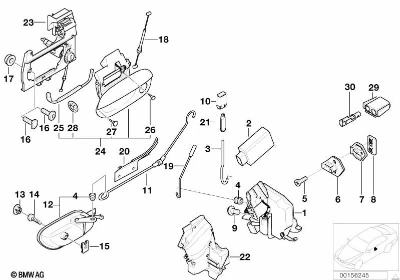 Soporte de manija de puerta exterior delantera izquierda para BMW E38 (OEM 51218245343). Original BMW