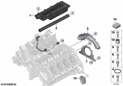 Tapa de cierre con junta para BMW E60, E61, E63, E64, E65, E66, X5 E53 (SKU 11117507391). Original BMW